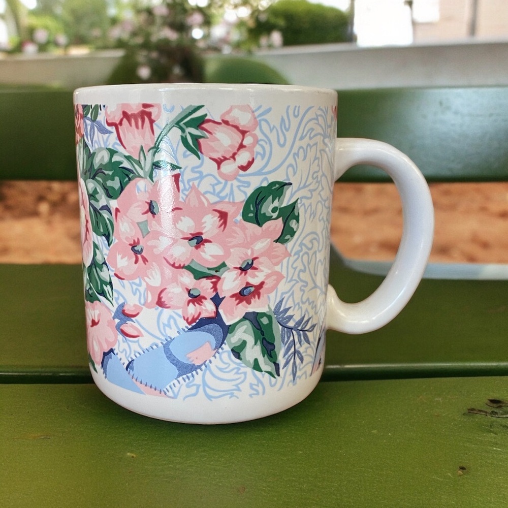 VTG 1980s Mervyn’s Floral Coffee Mug Pink Peony Blue Geometric Pattern EXCELLENT